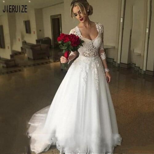 JIERUIZE Vintage Sexy Wedding Dresses V Neck Long Sleeve Lace Appliques Illusion Back Dubai Wedding Gowns Vestido de noiva