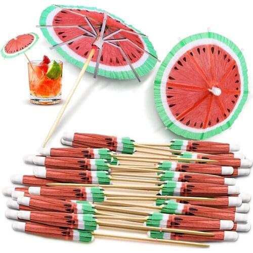 100 Pieces Green Watermelon Paper Umbrellas Bamboo Toothpicks Handmade Cocktail Parasol Sticks for Decorations Party Toothpicks