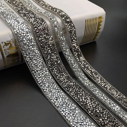 15Yards Iron On Rhinestone Tape Silver Hotfix Gemstone Lace Trim Hot Drilling Beaded Chain Ribbons Bridal Dress Belt Banding