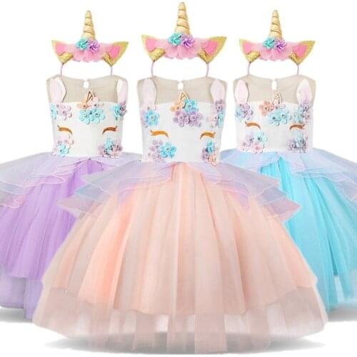 Unicorn Dress For Girl Floral Licorne Gown Kids Dresses Colorful Princess Christmas Dress Halloween Cospaly Clothing 3-8 Years