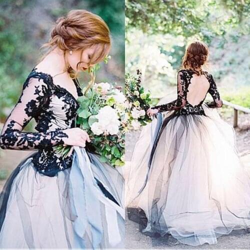 Elegant Black Tulle Wedding Dress Appliques Sexy V-Neck and Backless Floor Length vestido de casamento Bridal Gown