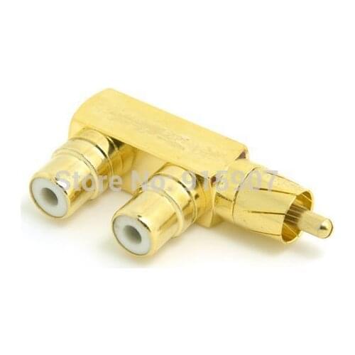 Jimier CY Cable Golden Color 90 Degree Angled RCA AV Audio Splitter Plug Adapter Male to Dual Female F type Extension
