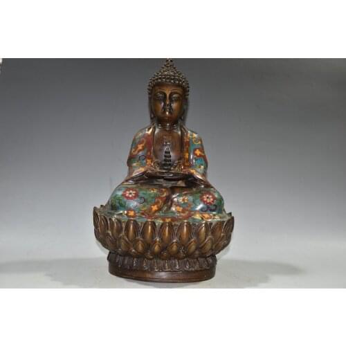 12"Chinese temple collection Old Bronze Cloisonne Enamel Sakyamuni Lotus Buddha Statue Amitabha Ornaments Town House
