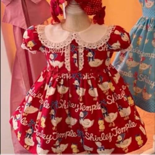 Baby girl summer cute printed puff sleeve dress kids lace stitching peter pan collar princess dress