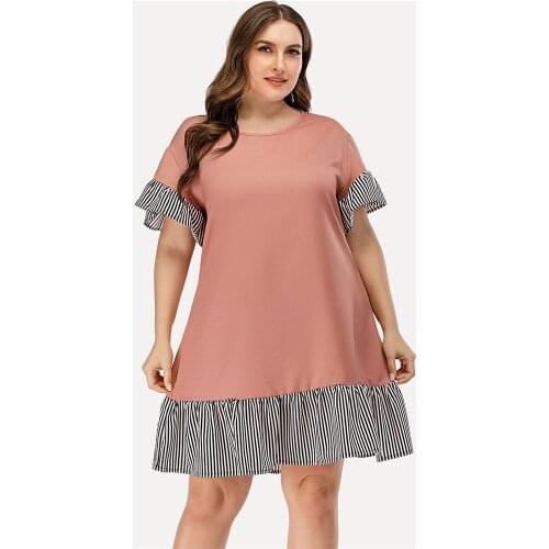 Summer Women Short Sleeve Mini Dress Stripes Patchwork Solid Color O-neck Loose Casual Elegant O-neck Fashion Plus Size L-4XL