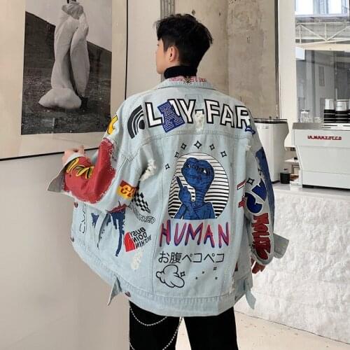 Fashion Mens Hip Hop Loose Fit Graffiti Printed Denim Jacket Casual Streetwear Outwear Jeans Coat Cowboy Light Blue Jacket