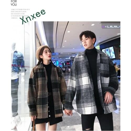 Xnxee Men and women fashion coat in autumn loose medium long checked woolen coat