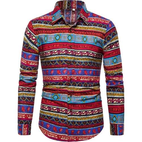 Mens Print Shirt Men Slim Casual Long Sleeve Buttoned Shirt Plus Size Tops