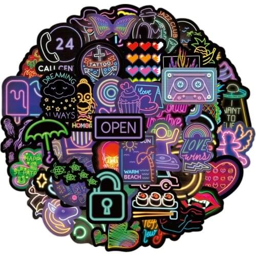 50pcs Cool Cartoon Neon lights Stickers Funny VSCO Girls Waterproof Skateboard Laptop Luggage Guitar Graffiti Sticker Kid Toy