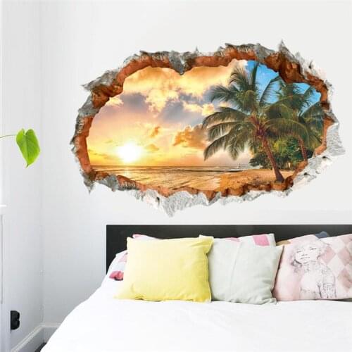 Sunset Seabeach Coconut Wall Art Sticker For Office Shop Living Room Bedroom Home Decor 3d Broken Hole Scenery Wall Mural Decals