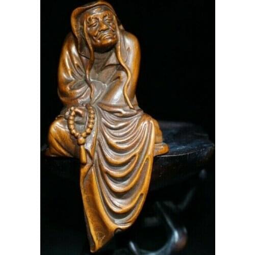 Collect Boxwood Netsuke carving Long eyebrow arhat Statue figurines buddha monk