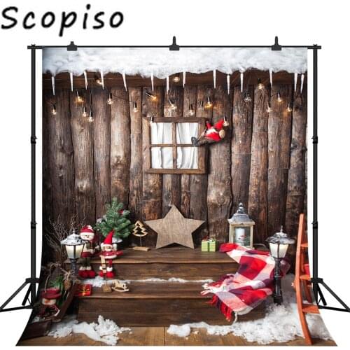Scopiso Christmas tree photography background decoration snow wood hut background baby portrait photo booth banner photo studio