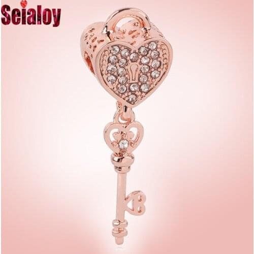 Seialoy 2Pcs Rose Gold Heart Key Beaded Fit Brands Bracelets Accessories Charms Original Diy Women Men Girl Bangle Jewelry