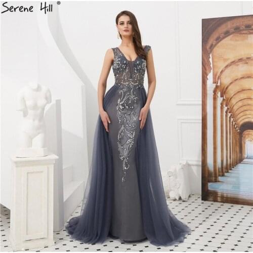 Dubai Grey Deep V-neck Backless Evening Dresses 2020 Sleeveless Crystal Beaded Fromal Dress Party Gown BLA60805