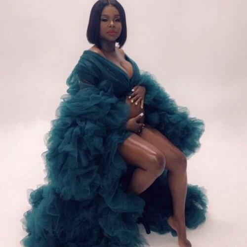 Teal Blue Elegant Party Dresses Pregnant Womens Tulle Maternity Dress Maxi Robe Gown Photography Robes Tiered Maternity Clothes