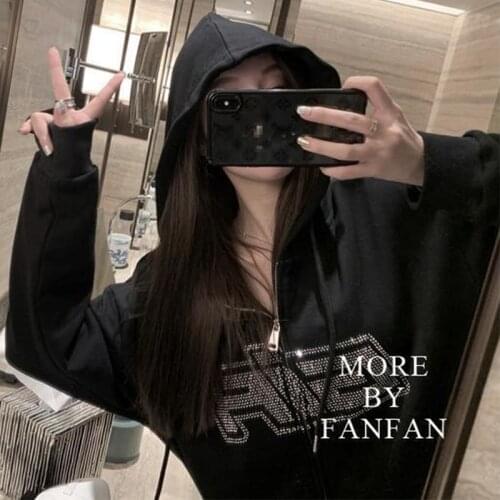 Autumn Winter Sweatshirt Women Rhinestone Letter Print Hoodies Jacket Zipper Oversized Biker Coat Loose Casual Hooded Outwear