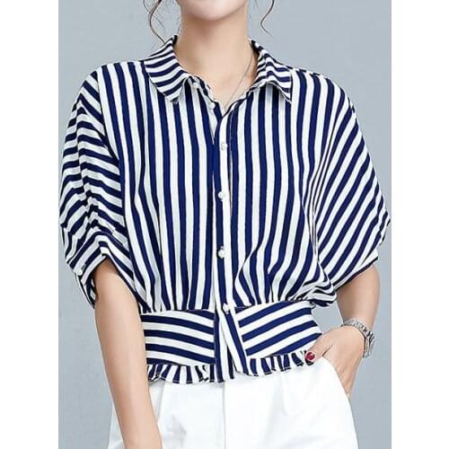 Bat shirt high-end top womens summer short-sleeved chiffon striped shirt design chic t-shirt thin women-blouses