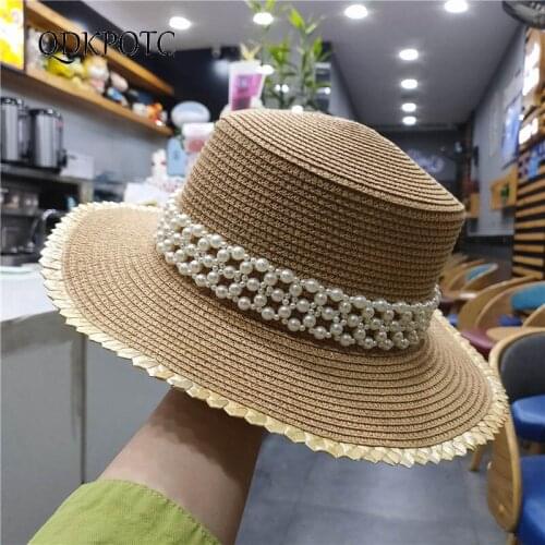 2021 Hat New Summer Women Pearl Straw Sun Hats Fashion Small Fragrant Wind Travel Outdoor Sun Protection Shading Cap QDKPOTC