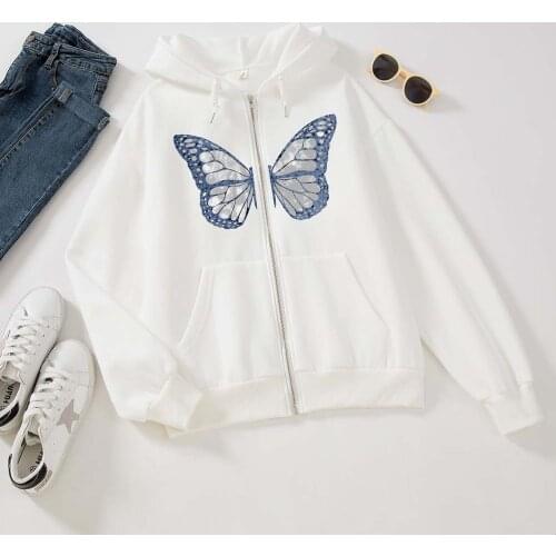 Butterfly Pattern Zipper Up Casual Loose 90s Hoodies Autumn Y2k Fashion Long Sleeve Oversize Sweatshirts for Women Zip Jacket