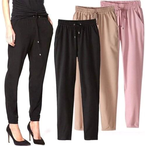Plus Size Harem Pants Women Chiffon Casual Trousers Loose Elastic High Waist Office Lady Pants Thin Spring Summer Cargo Bottoms