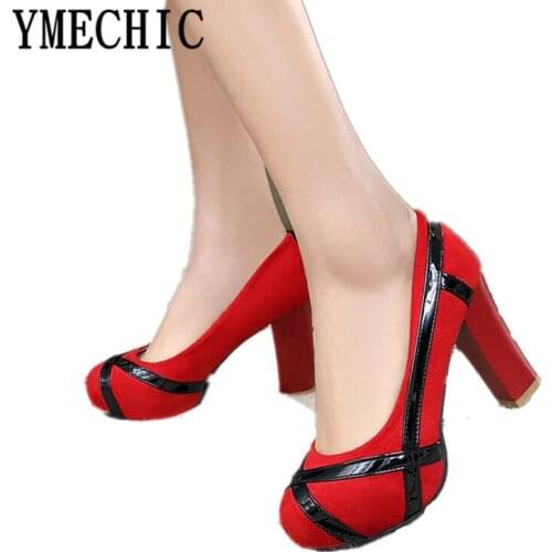 YMECHIC 2019 Fashion Womens Party High Heels Plus Size Platform Red Black Pumps Women Flock Slip on Punk Shoes Spring Summer