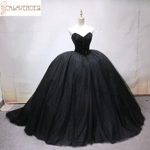 Gothic Black Wedding Dresses Ball Gown Sweetheart Rhinestones Beaded robe mariage femme Lace Up Back Wedding Gowns