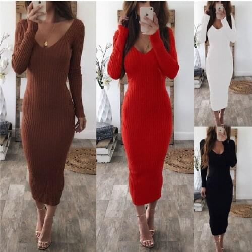 New 2021 Womens Solid Color Robe Long Sleeve Casual Knitted Sweaters Dresses Autumn Winter Sexy Slim V-Neck Bodycon Stripe Dress