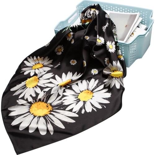 2019 Fashion Luxury Square Scarf Women Head Neck Shawl Hijab Sunflower Printed Black Bandana Kerchief Scarves Wraps 90*90cm