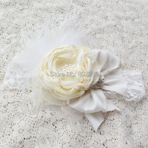 Free Shipping Ivory Ostrich Feather Big Heat Flower Dupioni Silk Rolled Flower Headband Kids Hair Accessories