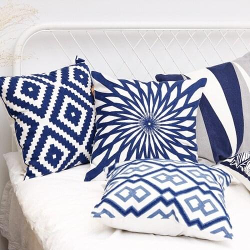 Traditional Chinese Embroidery Blue and White Throw Pillow Case Cushion Cover Cotton Made Luxury Pillow Sham Sofa Cushion case