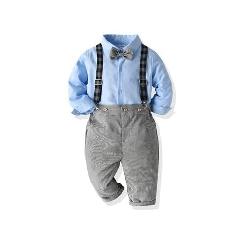 Kids Baby Boys Fashion 2-piece Outfit Spring Autumn Breathable Set Long Sleeve Bow-tie Blue Shirt and Suspender Pants Set 1-5Y