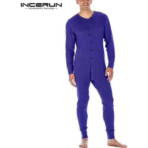 Men Long Sleeve V Neck Rompers Homewear INCERUN Leisure Jumpsuits Sleepwear Cozy Buttons Nightgown Man Solid Sleep Onesies S-5XL