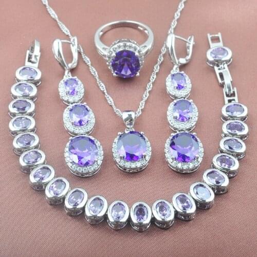 Exquisite Purple Crystal Jewelry Set For Women Wedding Jewelry Silver Color Earring Necklace Pendant Ring Bracelet YZ0313