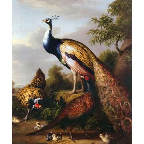 Art large Oil painting birds peacocks with hen chicks in view - canvas 24"x36"