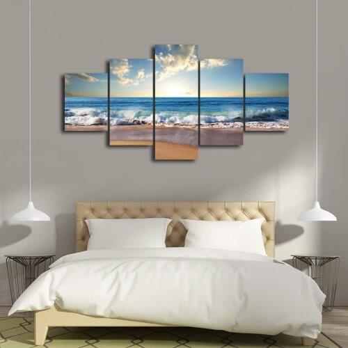 Canvas Prints Pictures Home Decor 5 Piece Sunset Beach Seascape Paintings Living Room Wall Art Sea Waves Poster Framework