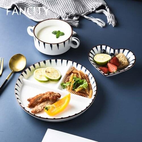 FANCITY Japanese-style household ceramic fat-reducing childrens grid plate divider dish creative three grid divided plate break