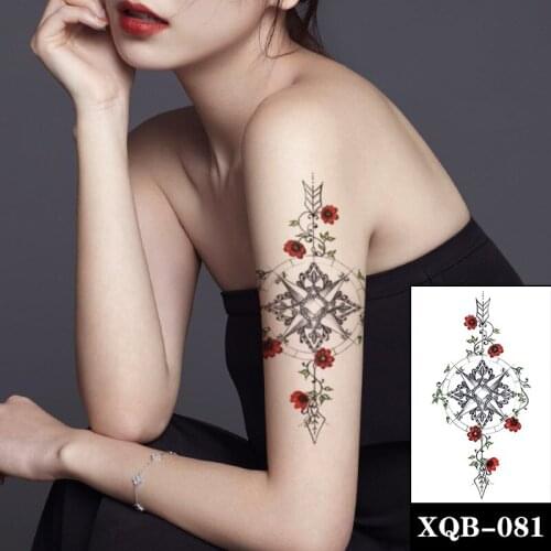 Compass Jewellery Diamond Temporary Tattoo Stickers Red Flower Arrow Fake Tattoos Waterproof Tatoos Arm Large Size for Women Men