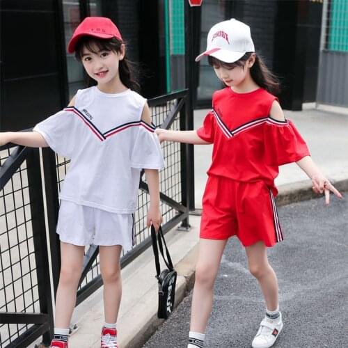 Toddler Girls Summer Clothing Kids Off Shoulder T Shirt + Shorts 2pcs Reima Outfits Clothes Set for Girls 6 8 10 12 14 Years Old