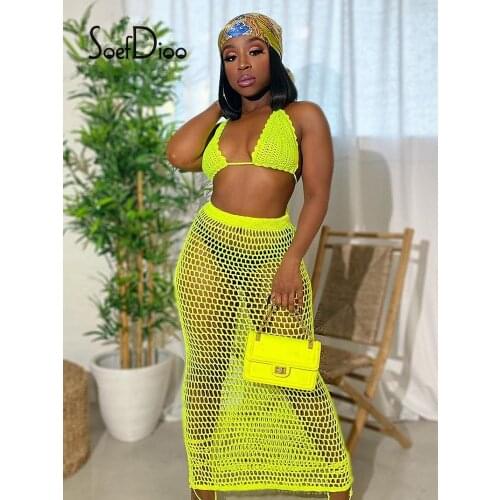 Soefdioo Hollow Out Crochet Sexy Summer Two Piece Set Bikini Tops and Maxi Skirts Matching Sets Summer 2021 Holiday Beach Outfit