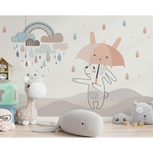Customize any size mural wallpaper, cartoon hand-painted rainbow bunny childrens bedroom background wall Papel De Parede