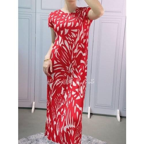 HOT SELLING Miyake Fold geometry print o-neck short sleeve H type dress IN STOCK