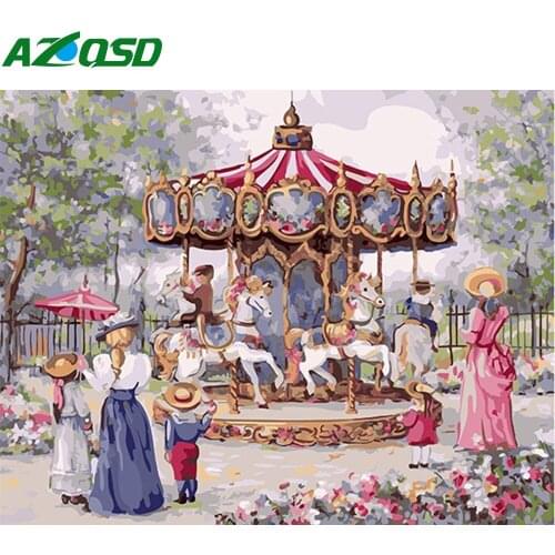 AZQSD Paint By Numbers Landscape Handpainted Gift Oil Painting By Numbers Childhood Amusement Park Carousel Decor For Home