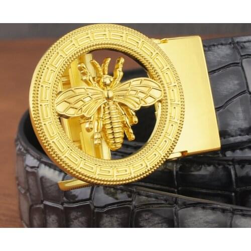 High Quality Hot Sale bee Automatic Buckle round genuine leather black belts men luxury brand casual ceinture homme Red Straps