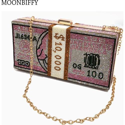 Luxury $100 Dollars Rhinestone Crystal Money Bag Clutch Evening Bag Purse Crystals Bling Money Bag Rhinestone Money Purse