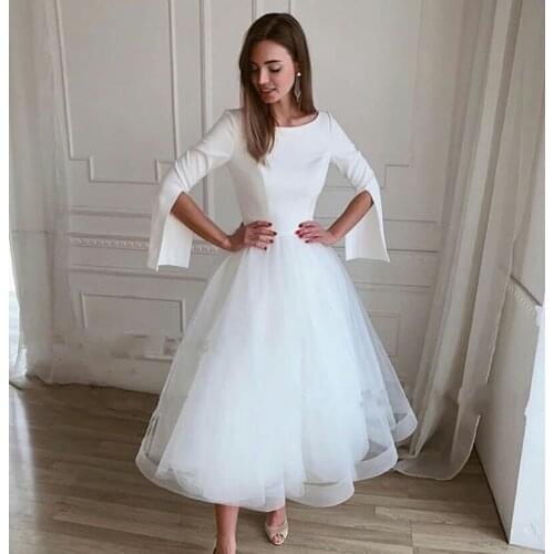 Chic A Line Wedding Dresses Jewel Neck Long Sleeves Bridal Gowns Tea Length Tulle Bridal Dress Custom Made