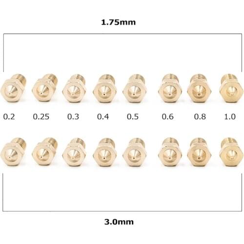 50Pcs 3D Printer E3D Brass Nozzle J-Head Extruder 0.2/0.25/0.3/0.4/0.5/0.6/0.8/1.0mm For 1.75/3.0mm Supplies For E3D V6&V5