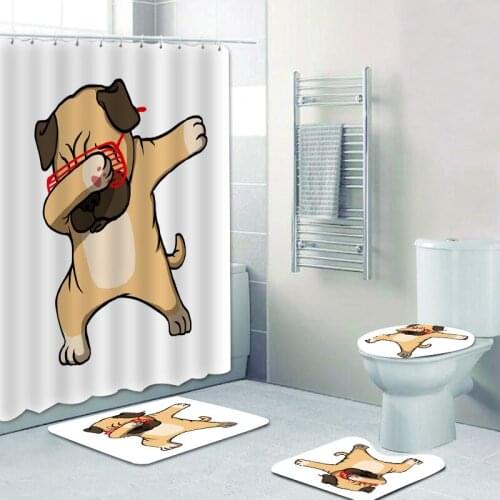 Dabbing Pug Dog Waterproof Shower Curtain Funny Dog Dab Bathroom 4 Piece Set Carpet Cover Toilet Cover Bath Mat Pad Home Decor