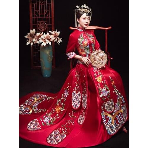 High-end Chinese Traditional Wedding Dress Long Cloak Embroidery Cheongsam Stylish Elegant Bride Vintage китайская одежда