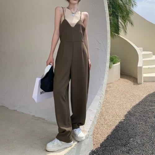 Vintage Spaghetti Strap Jumpsuit Women Summer Korean Style 2021 New Loose Wide Leg Pant Overalls Casual Combinaison Femme