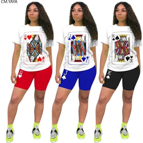 CM.YAYA Women Sport Poker Card J Q K Two Piece Set T-shirt Tops Knee Length Jogger Sweatpant Suit Tracksuit Matching Set Outfits